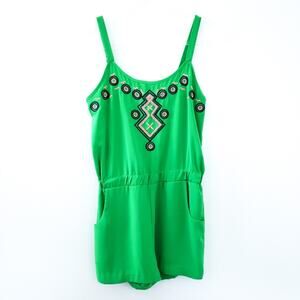 C. Luce Green Romper Beading & Embroidery Small Jumper Sleeveless, Pockets